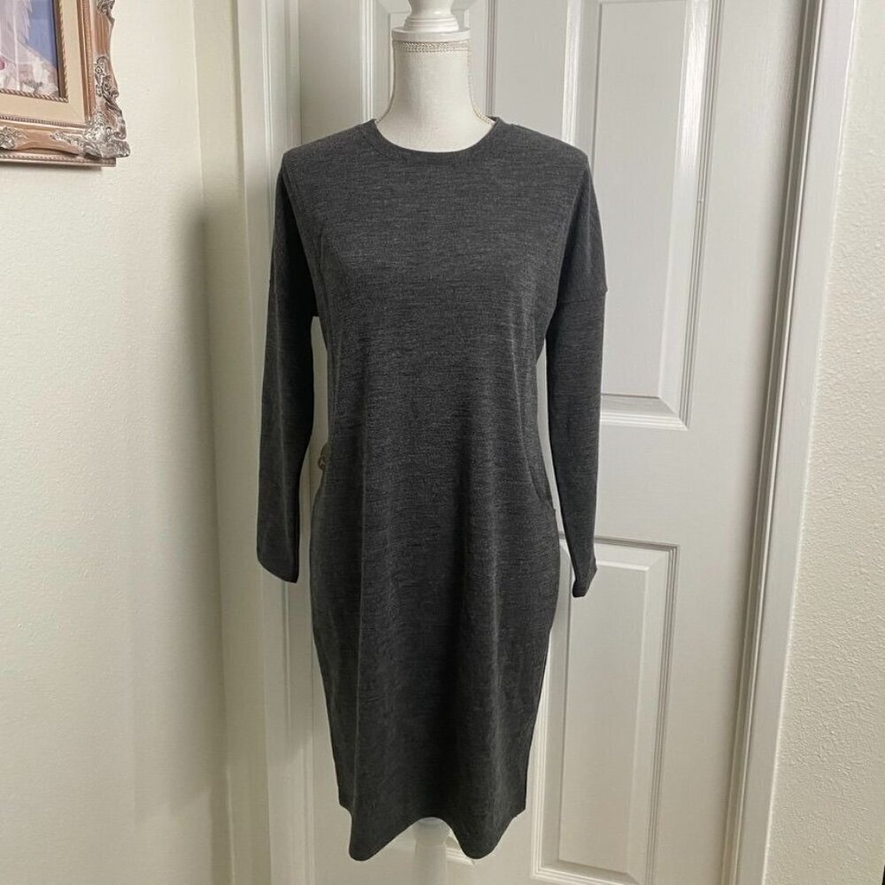 Charcoal Grey Shift Dress Long Sleeve Crew Neck 2 Hip Pockets Layering Sz Small